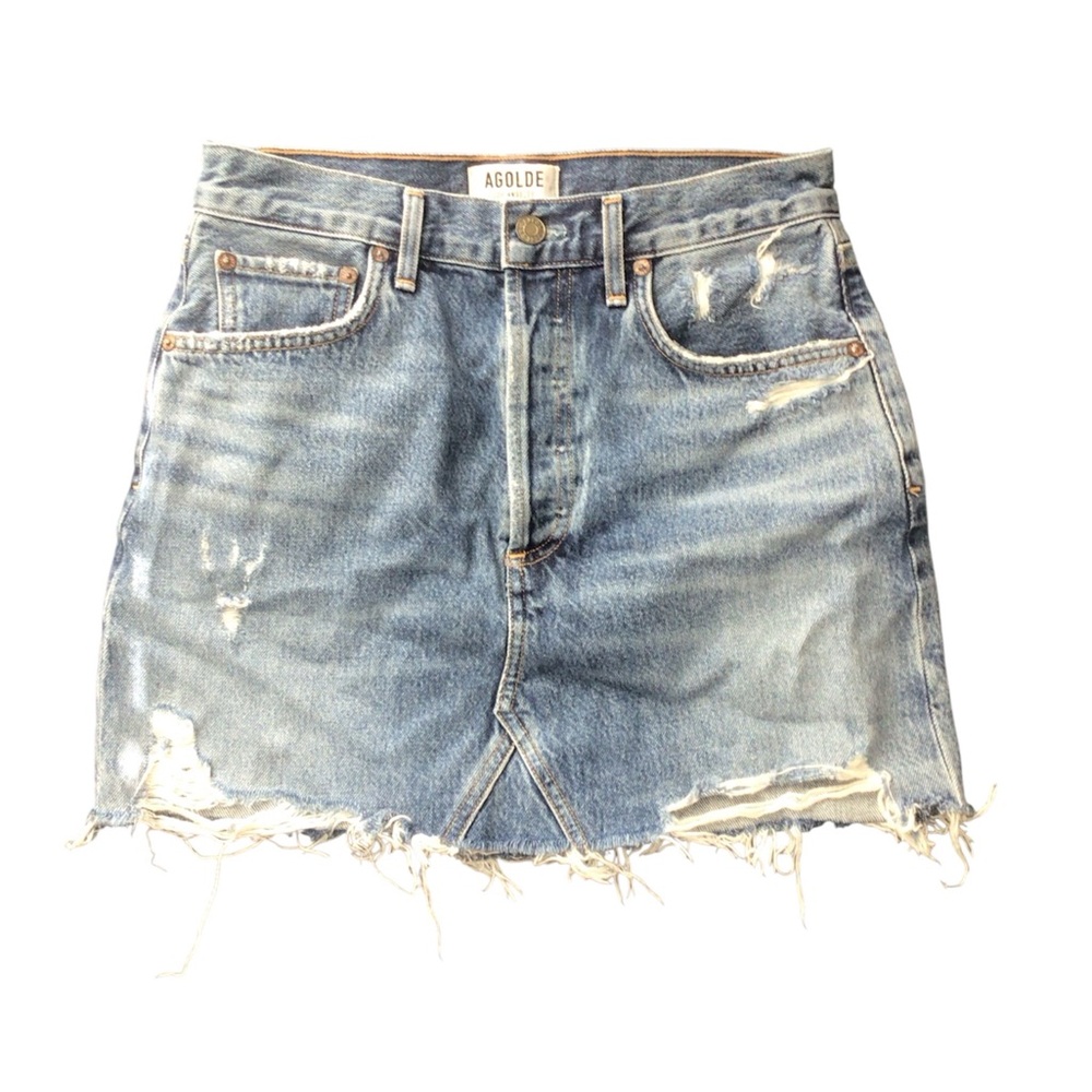 Agolde Frayed Hem Blue Denim Mini Skirt